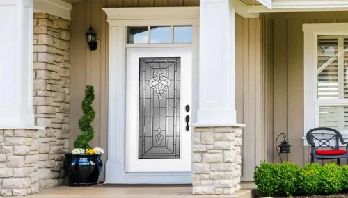 Dark fiberglass front door with modern glass panels