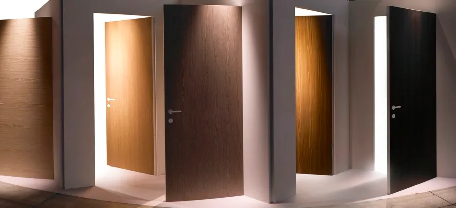 عرض أبواب القشرة الخشبية في إضاءة دافئة