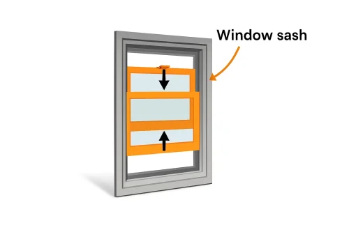 Double hung window showing sash movement directions