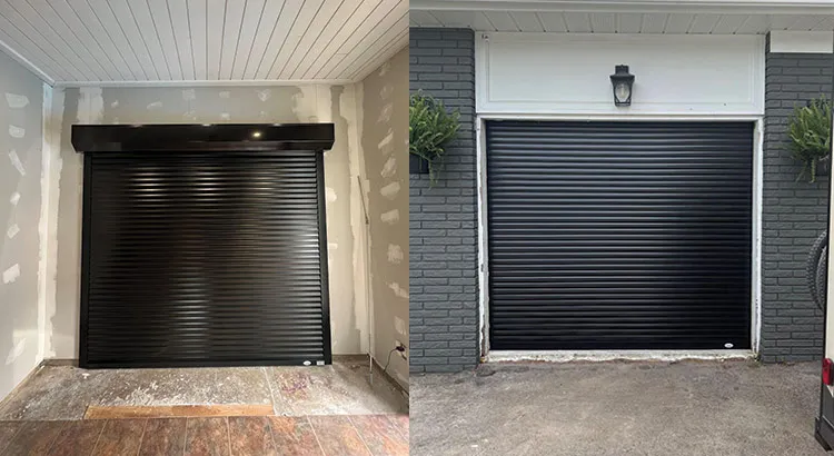 Indoor and outdoor view of black roll up garage doors