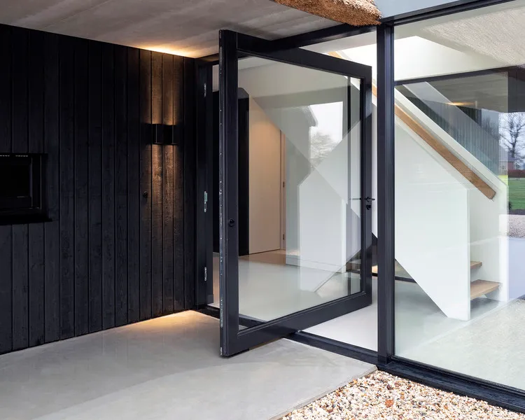 Modern black framed pivot door with glass panels