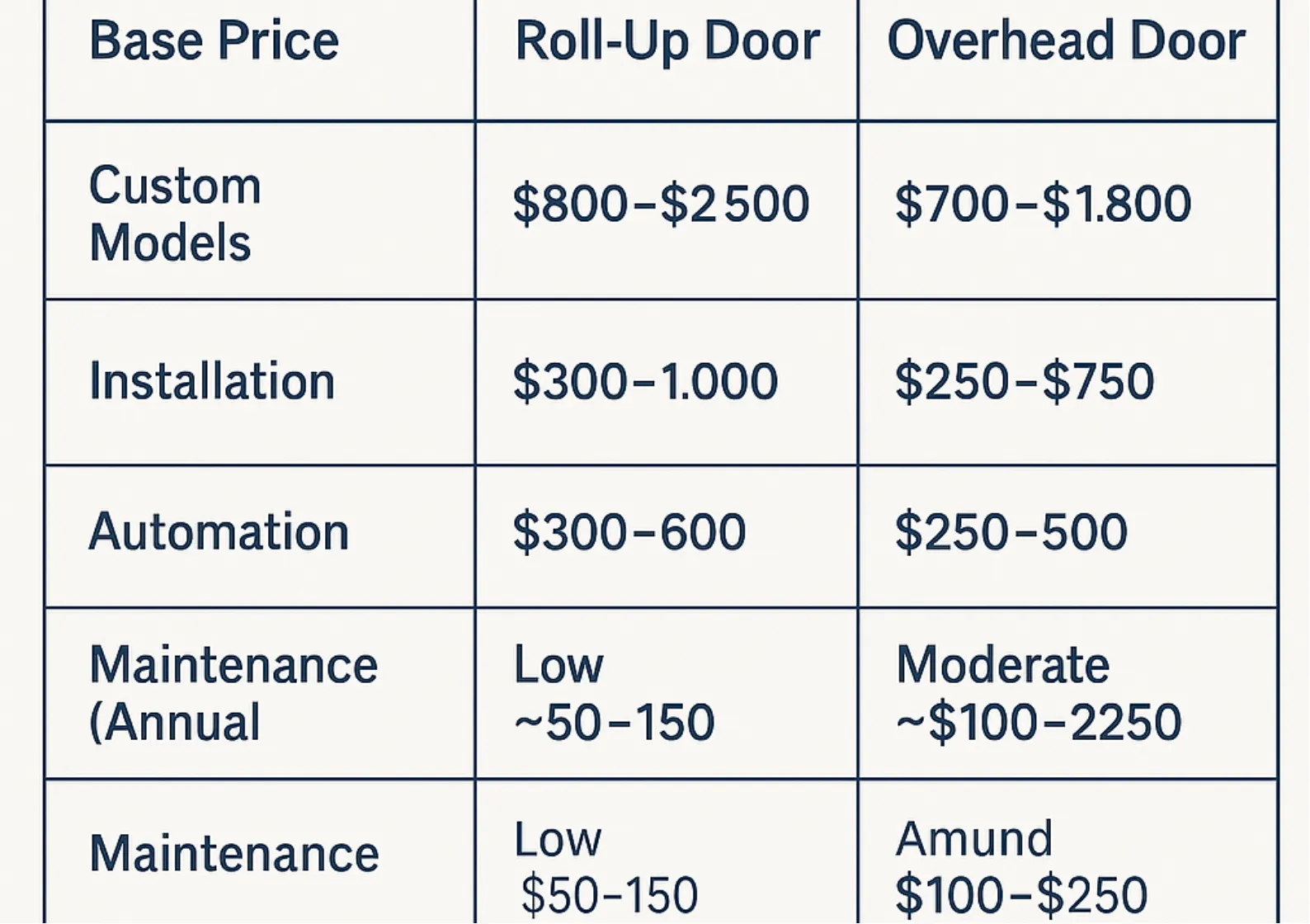 Price comparison chart for roll up vs overhead doors