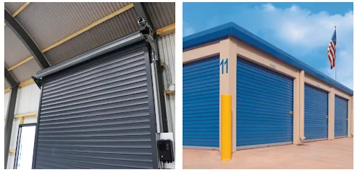 Side by side roll up doors on storage facility buildings