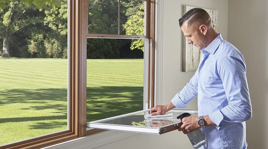 Un homme nettoie le châssis incliné d'une fenêtre