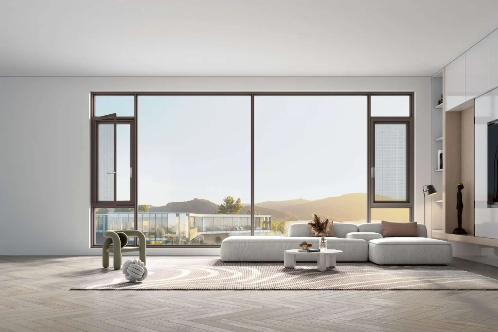 Casement window with fly screen and scenic view