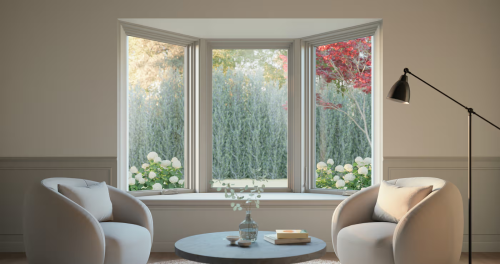 Cozy bay window seat with garden and outdoor view