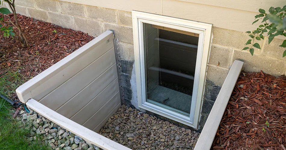 Basement egress window with vinyl window well liner
