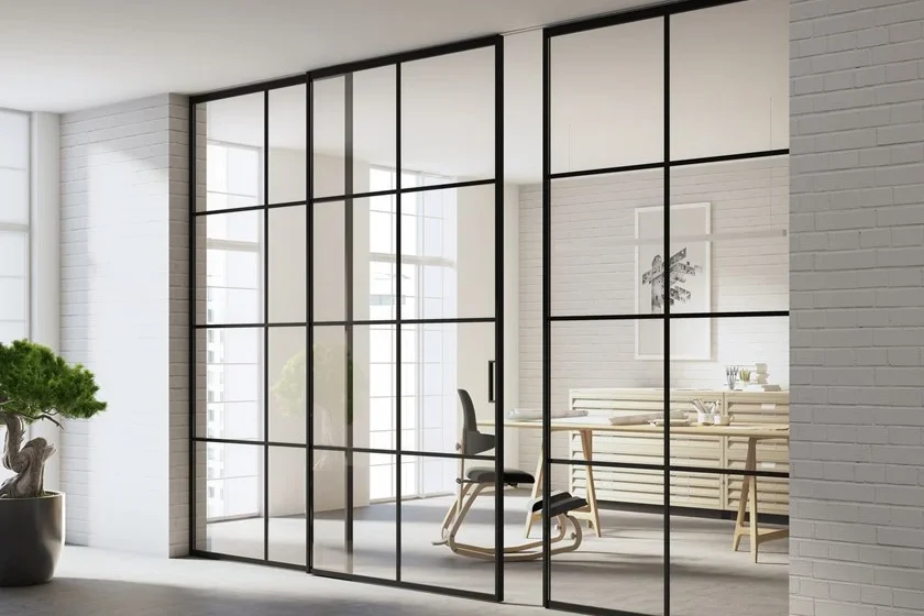 French sliding glass doors with black grid design