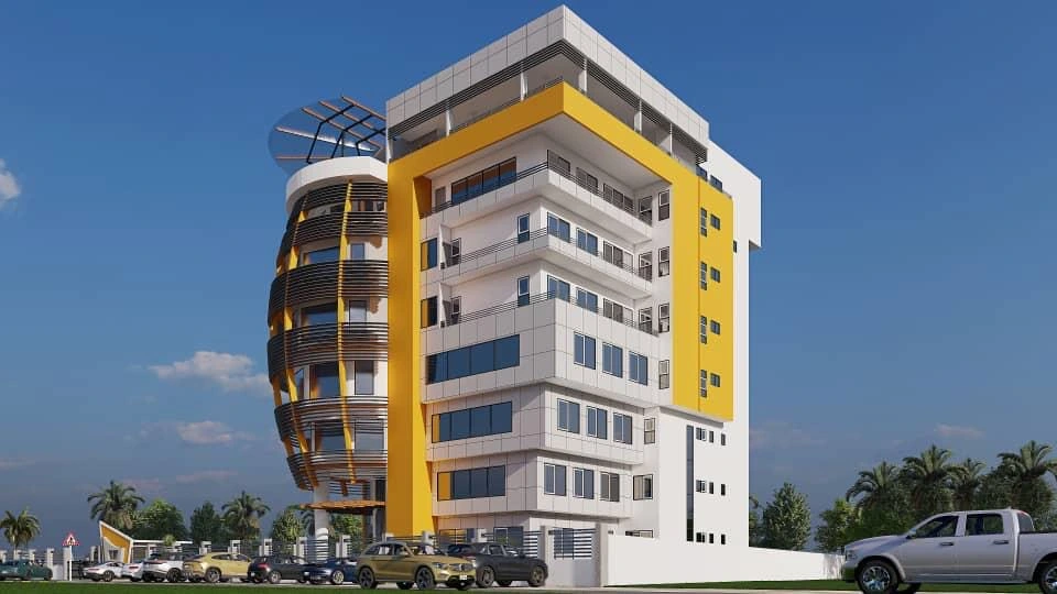 Vista frontale della torre per uffici commerciali del Ghana