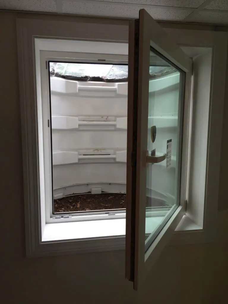 In swing casement egress window viewed from interior
