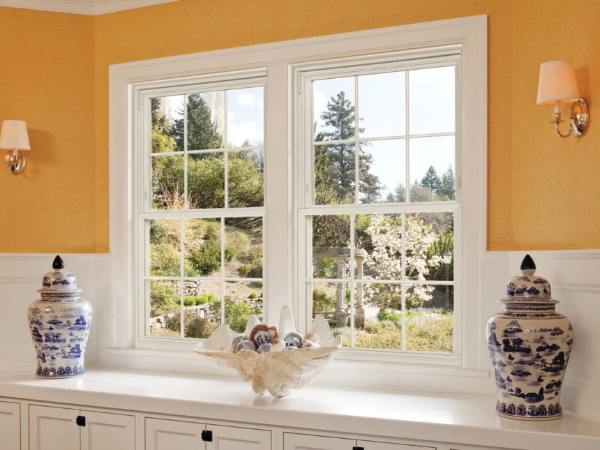 Vista interna delle finestre a ghigliottina con vista sul giardino