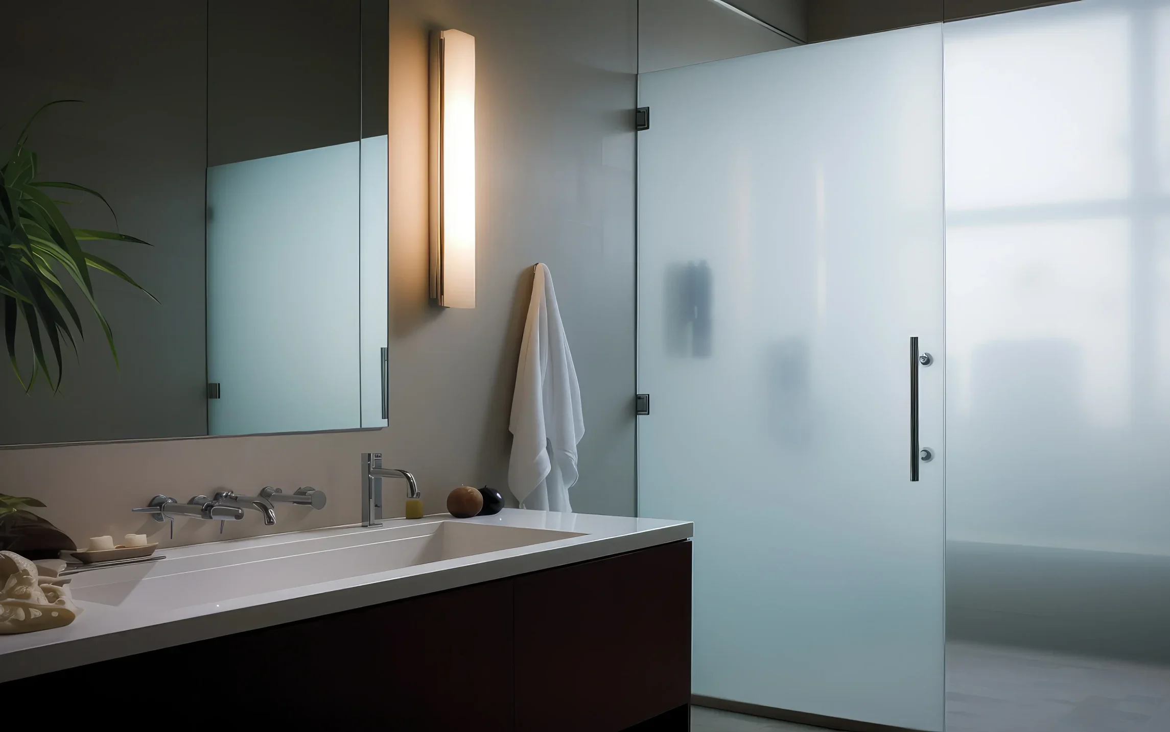 Modern bathroom with frosted glass shower door