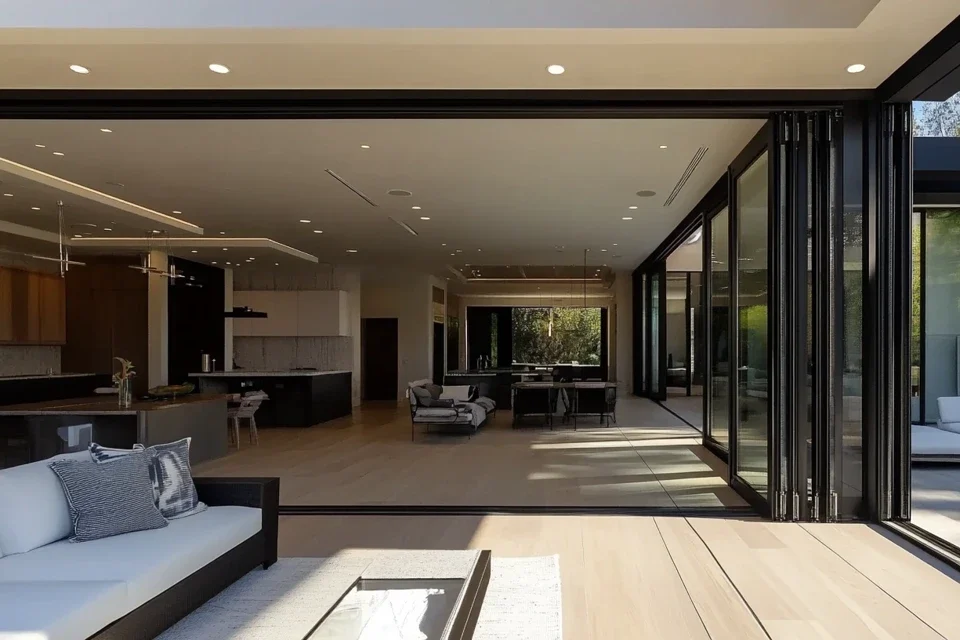 Porte pliante commerciale moderne ouvrant sur un espace extérieur