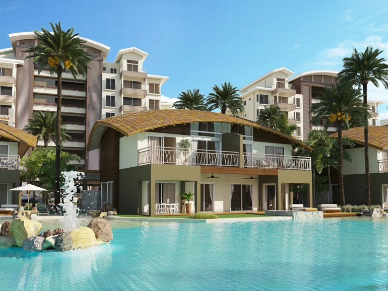 Villas avec piscine et tours de villégiature modernes derrière