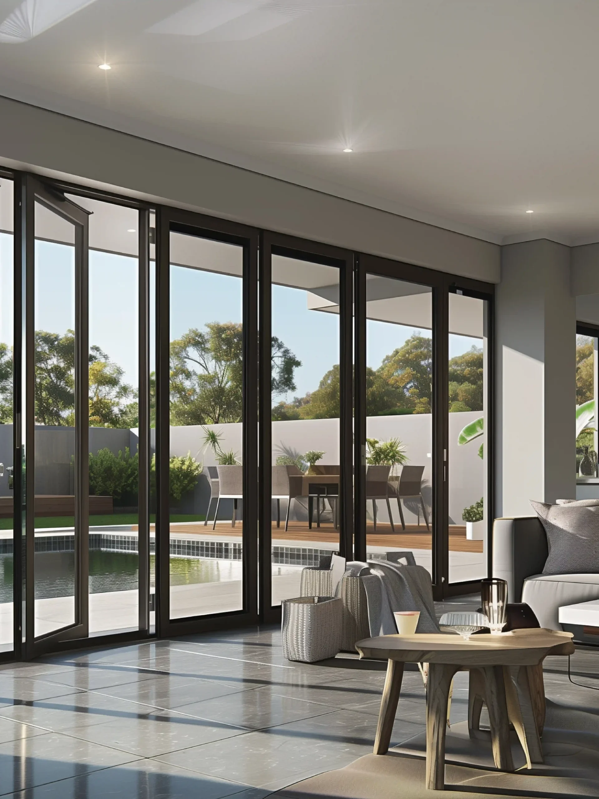 Aluminum multi fold doors opening to poolside patio