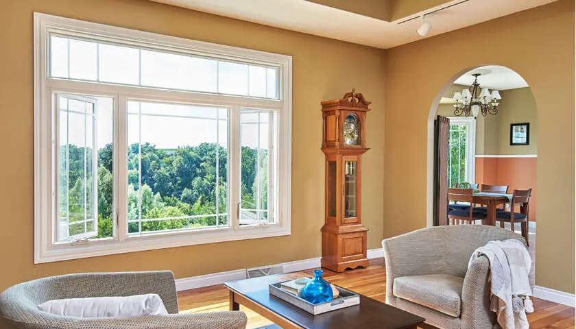 Casement and picture window combo in a bright living room