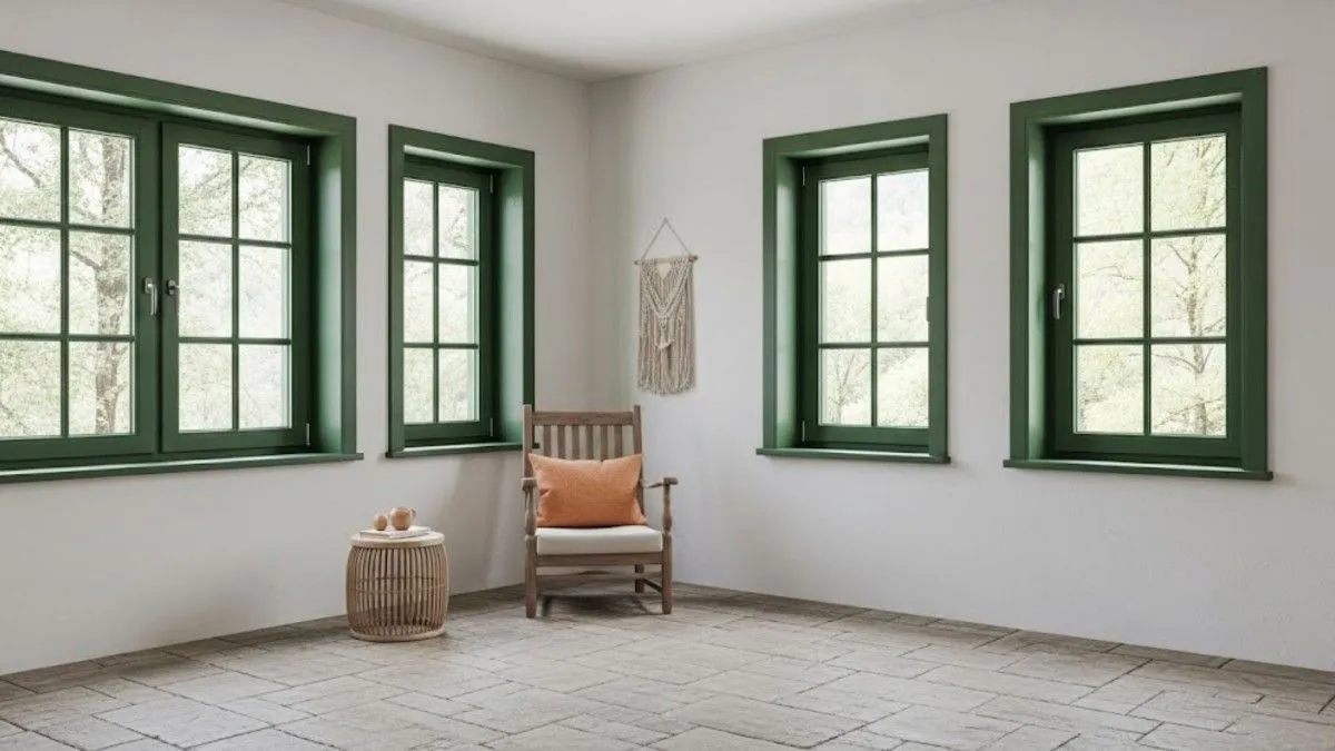 Green framed windows with off white walls and stone tiles