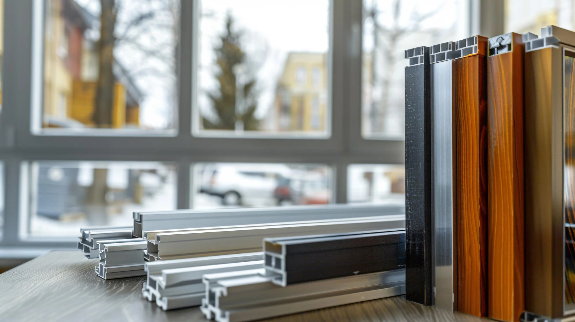 Aluminum and wood window profile samples on a table