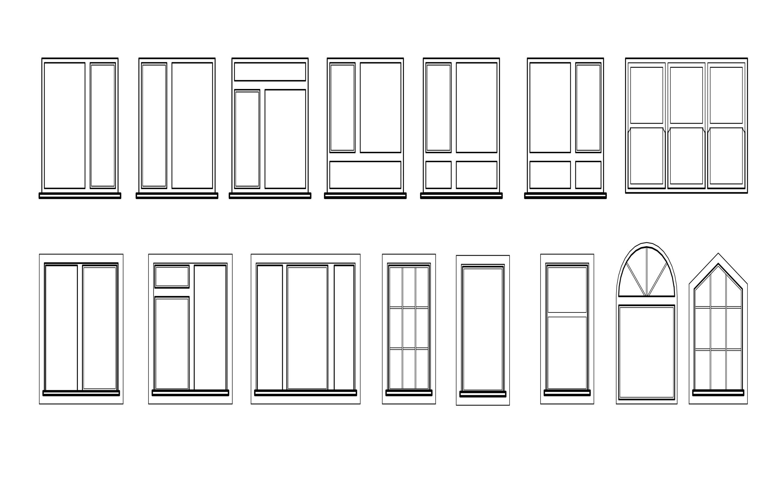 Different window types illustrated in black line drawings