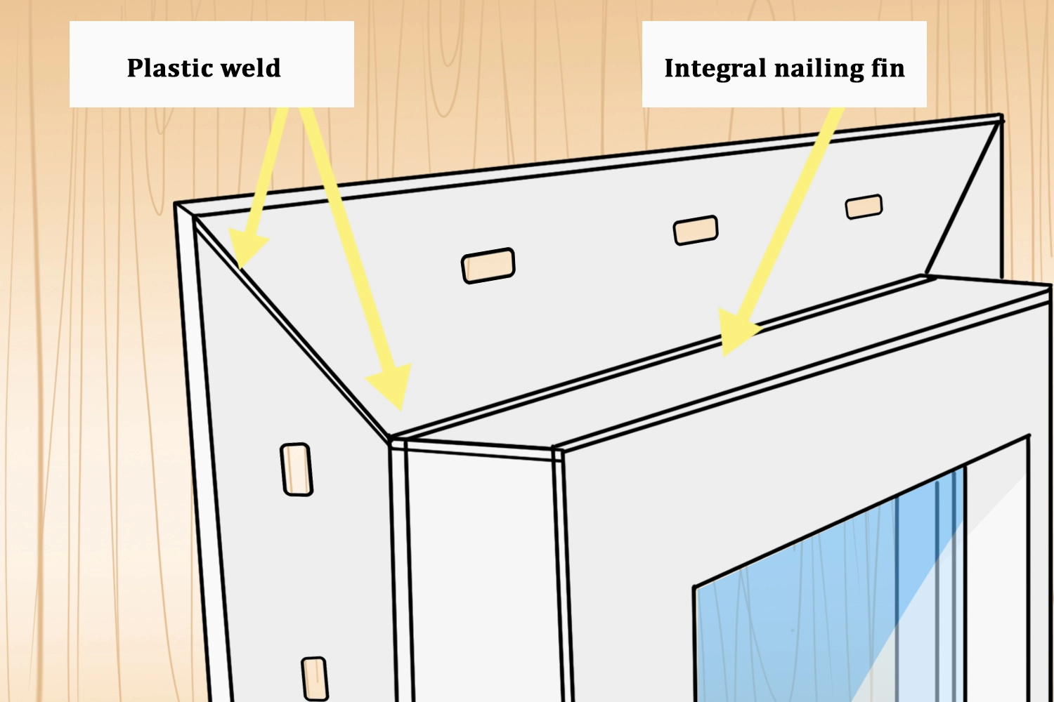 Integral nailing fin with plastic weld on vinyl frame