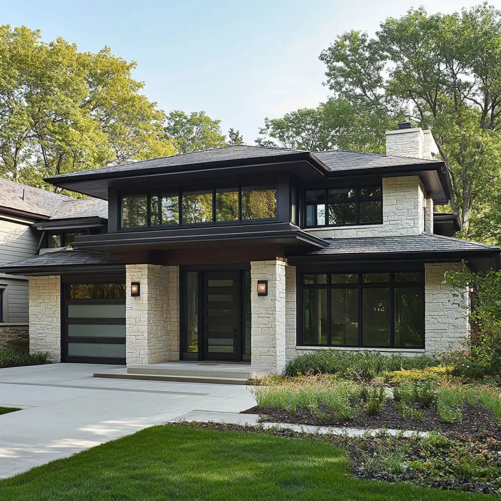 Altas janelas em fita criam um ritmo de luz em uma casa na pradaria.