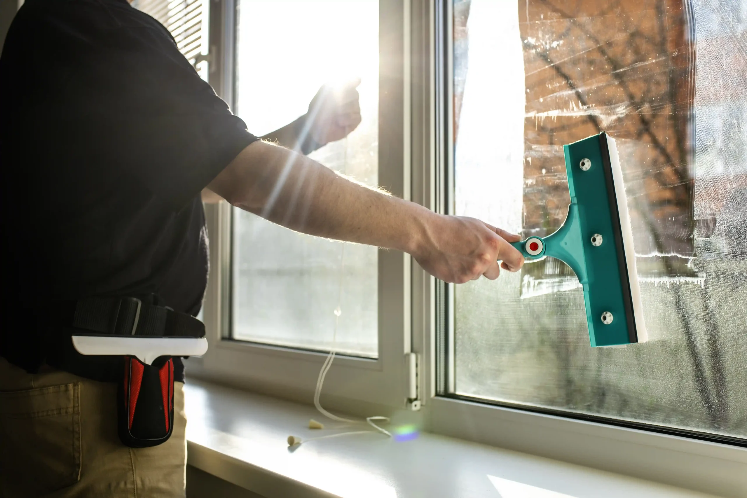 Professional service technician maintaining a project window