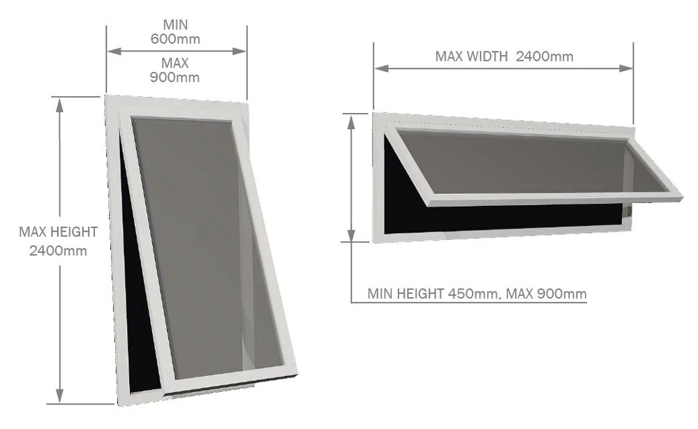 نافذة قابلة للطي تعمل بواسطة قضيب، توضح حدود الحجم القصوى
