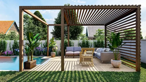 Indoor outdoor living space ideas featuring wood pergola