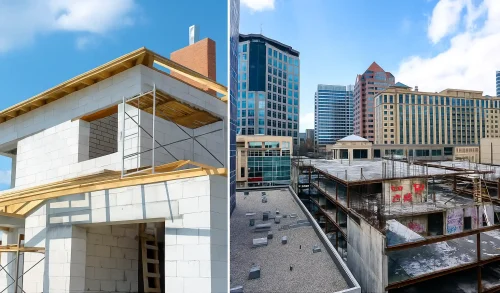 Residential vs commercial construction side by side view