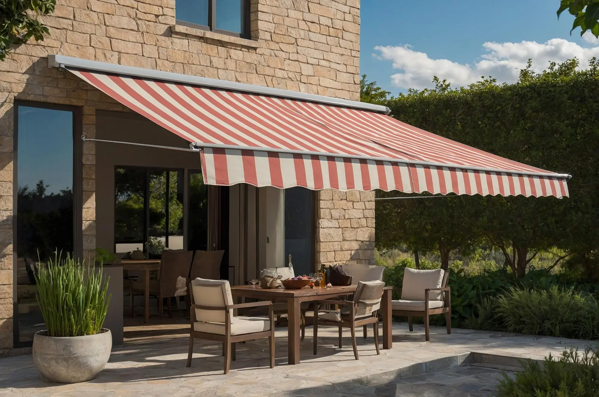 Striped fabric window awning shading outdoor patio area