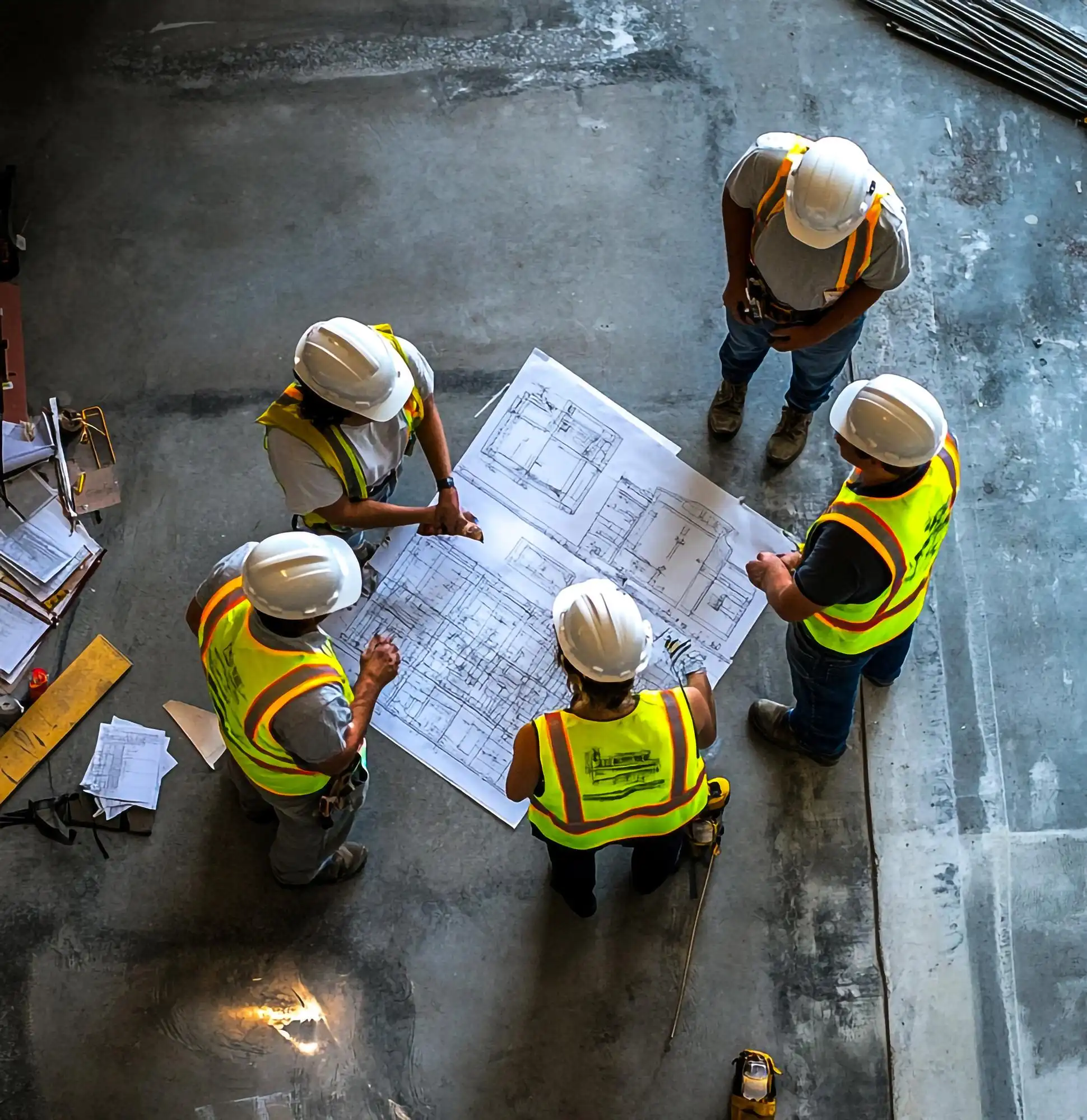 Construction team reviewing blueprints on site floor