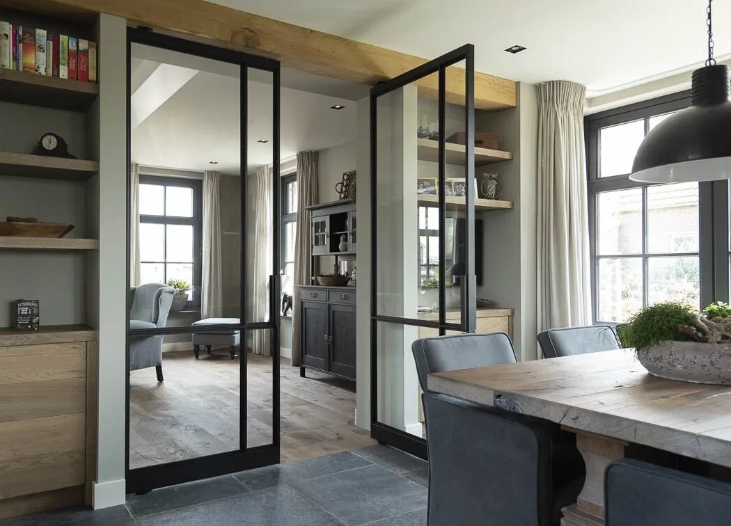 Steel framed interior inswing glass door design