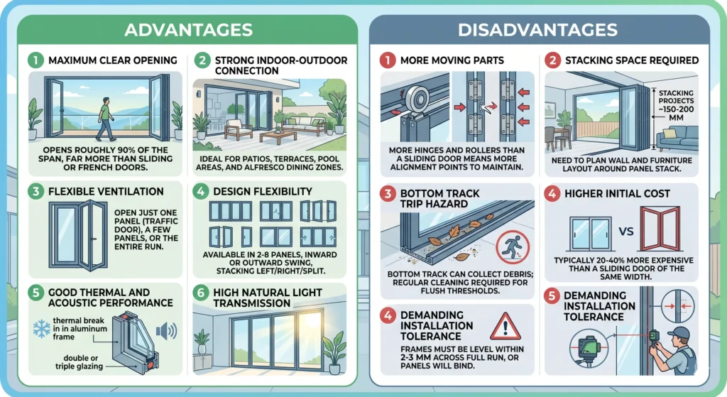 Avantages et inconvénients des portes pliantes - Qu'est-ce qu'une porte pliante ? Types, dimensions et guide d'achat 2026 - APRO Avantages et inconvénients des portes pliantes