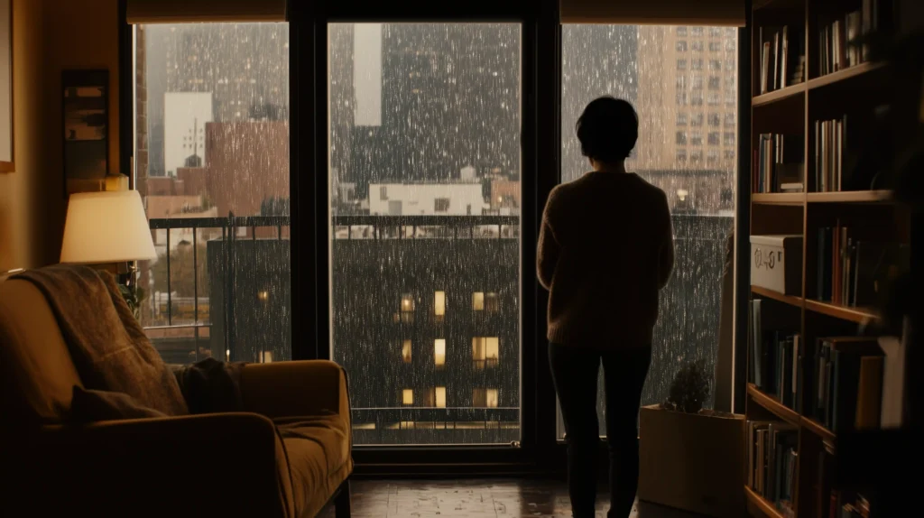 une personne debout devant la fenêtre regardant la pluie