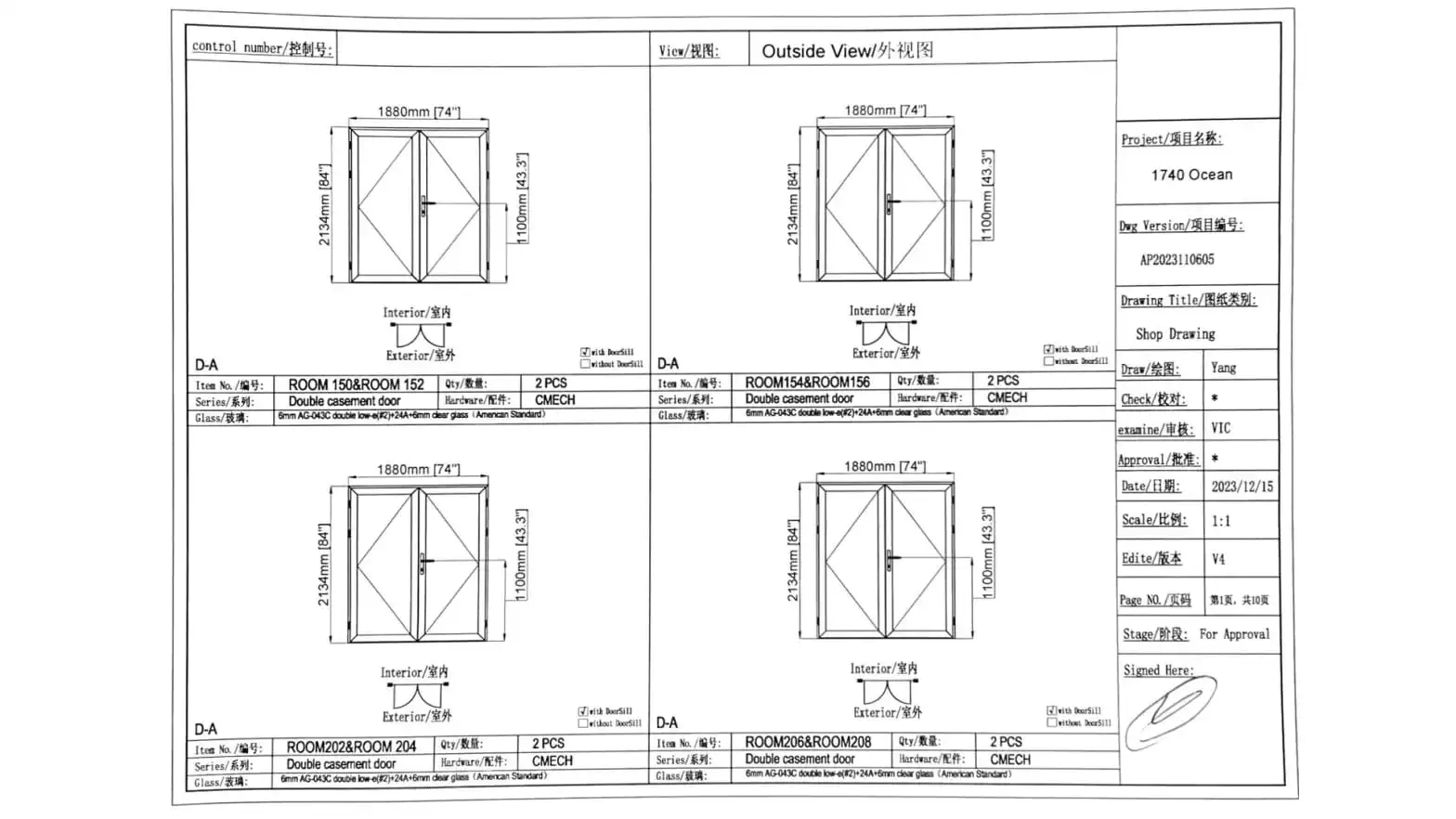 Client approved AutoCAD shop drawing elevation and schedule for Sandbourne Santa Monica hotel balcony swing doors