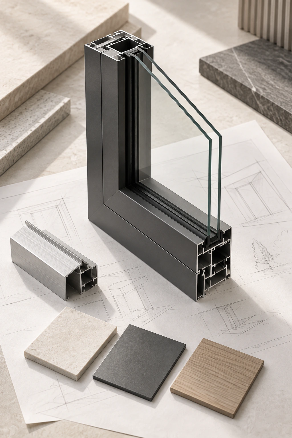 AI-generated concept of generic aluminium frame samples, glazing and abstract drawing coordination
