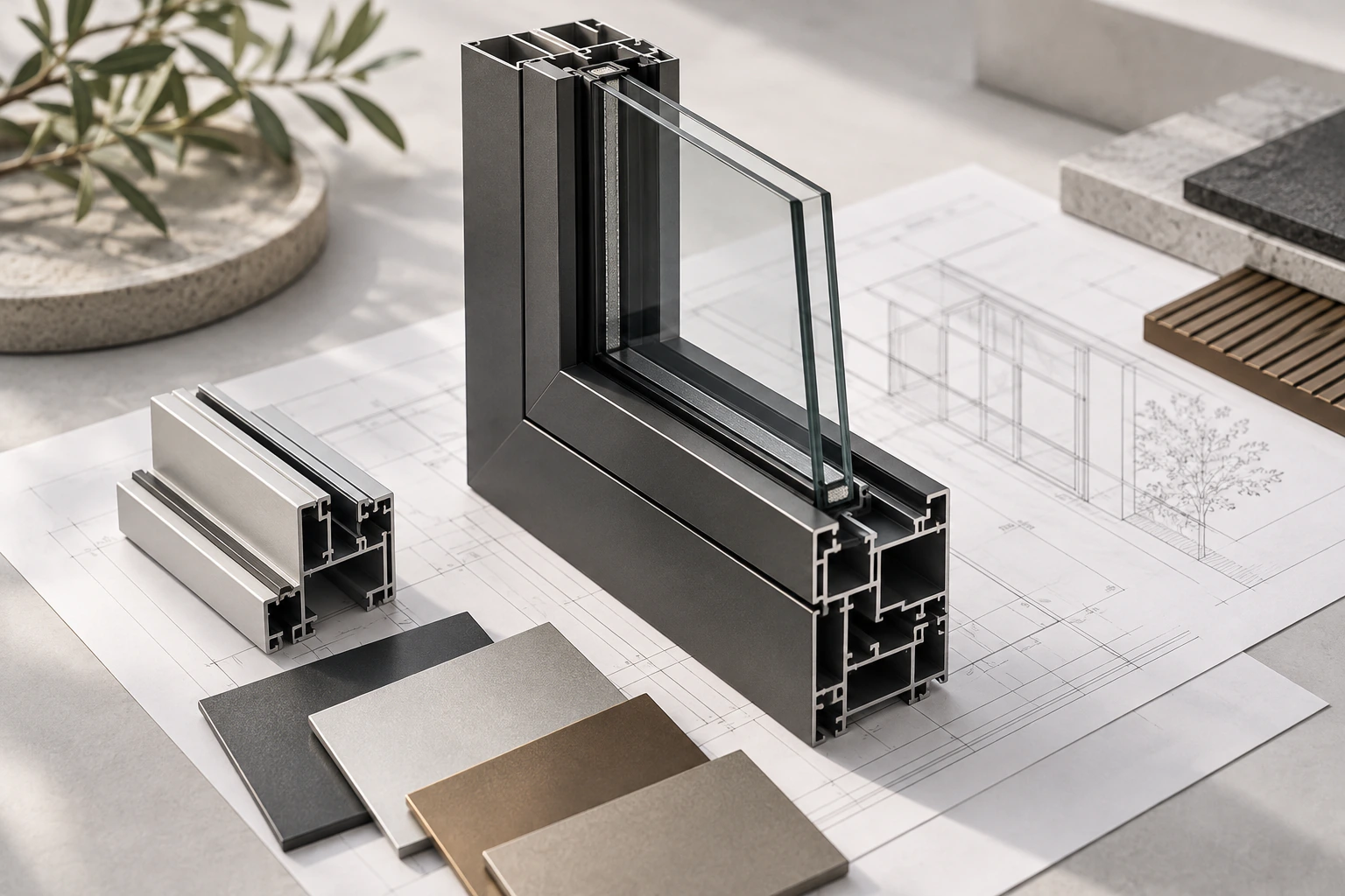 AI-generated concept of generic aluminium frame samples, glazing and abstract drawing coordination